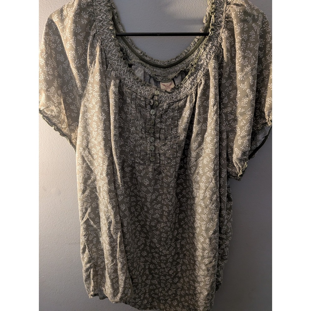 Faded Glory Olive Green Floral Smocked Peasant Blouse Plus Size 3X 22W-24W